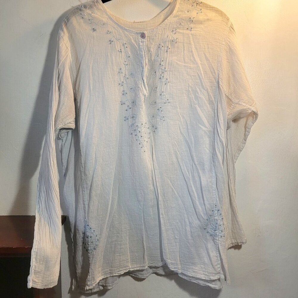Lightweight Sheer Long-sleeved Pale Blue Embroidered Relaxed Fit Blouse No Tags